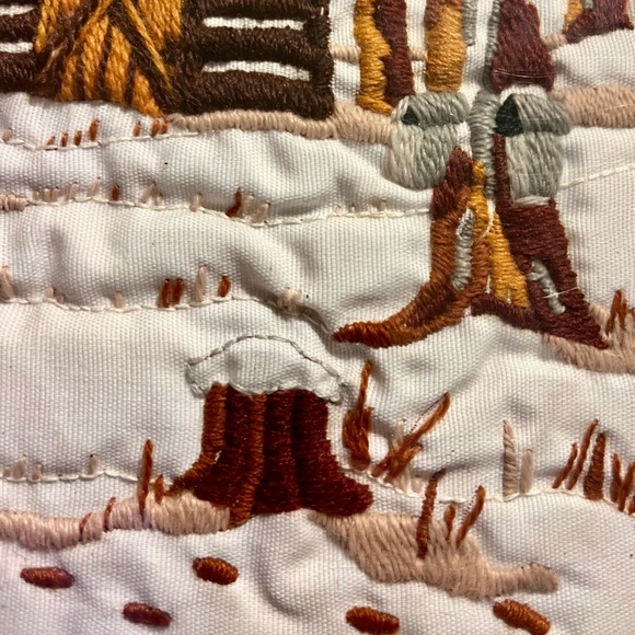 Crewel Embroidery Rustic Cabin Winter Scene Wall Art - Picture 3 of 7